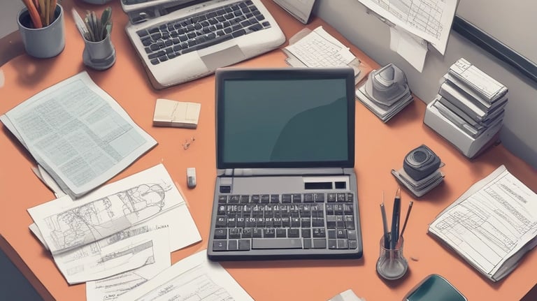 Top-down view of a messy office desk with two laptops, paperwork, and stationery.