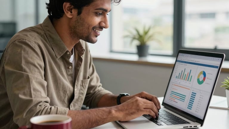 A smiling South Asian / Indian e-commerce entrepreneur reviewing performance analytics on a laptop screen in a bright modern office in Bangalore, with deep crimson coffee mug and forest green notebook on crisp parchment workspace.