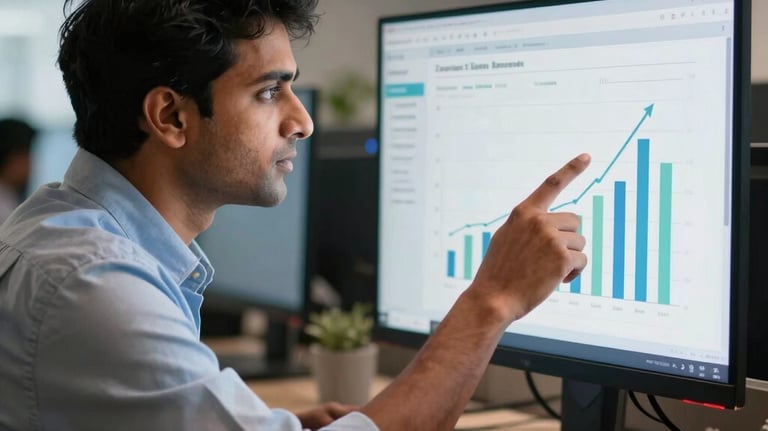 A South Asian / Indian business analyst pointing to upward trending engagement charts on a desktop monitor in a modern tech hub office in Gurgaon.
