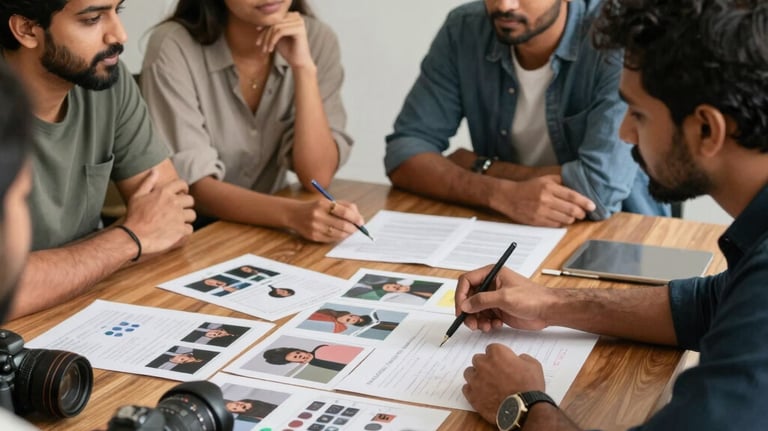 A creative team of South Asian / Indian social media managers brainstorming video shoot concepts around a wooden meeting table with moodboards and cameras.