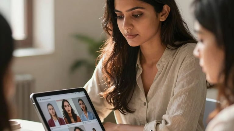 A young South Asian / Indian female fashion brand founder examining video campaign content on a tablet during a strategy review session in Delhi, natural soft sunlight streaming in.