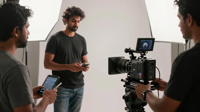 Behind-the-scenes photography of a South Asian / Indian video crew directing a professional brand commercial with cinema cameras and soft box lighting in a stylish studio in Mumbai.