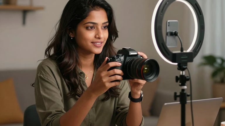 A dynamic shot of a South Asian / Indian lifestyle influencer recording a promotional video reel with a ring light and DSLR camera setup in a cozy creative studio.