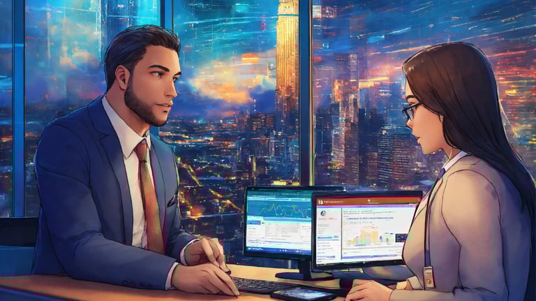 a man and woman sitting at a desk with a laptop
