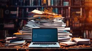 laptop in a library with a stack of papers and shelves of books