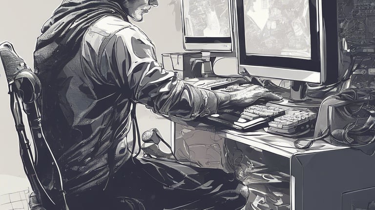 a man sitting at a desk with a computer monitor and a laptop