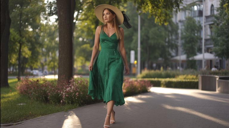 a woman in a green dress and hat walking down a sidewalk