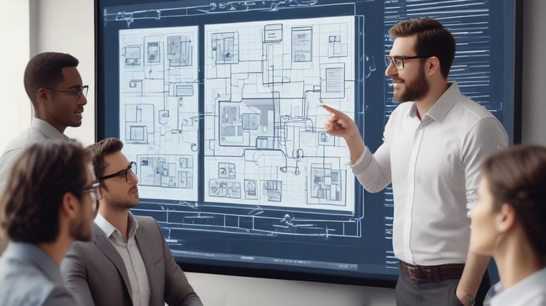 A team of professionals collaborating on software development.