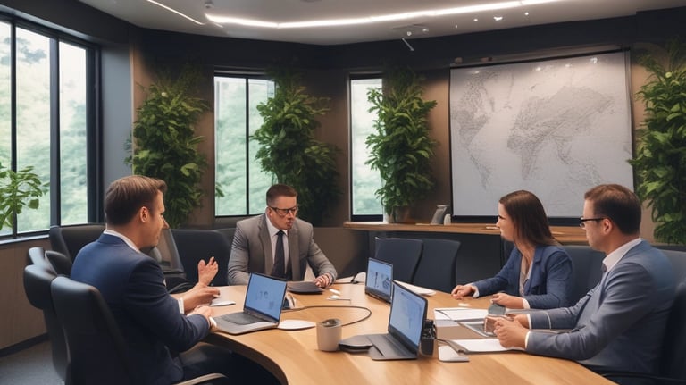 A diverse group of professionals collaborating in a modern office space.