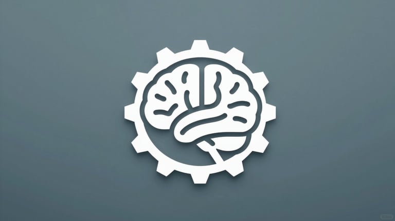Digital icon of a brain inside a gear, representing AI processing technology. Minimalist design in #4A8B9C.