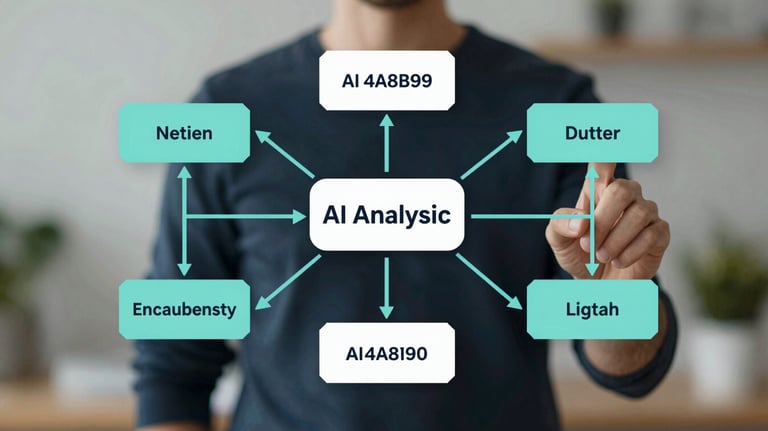 Graphic illustration of a neural network being organized into clear data blocks, representing AI analysis. Colors: #4A8B9C and white.