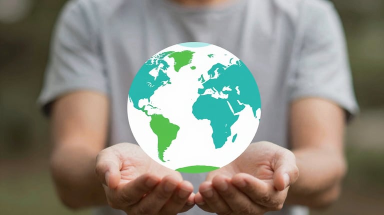 An icon representing global scale, a stylized globe with connecting dots in teal #4A8B9C and green #6A9B8D.