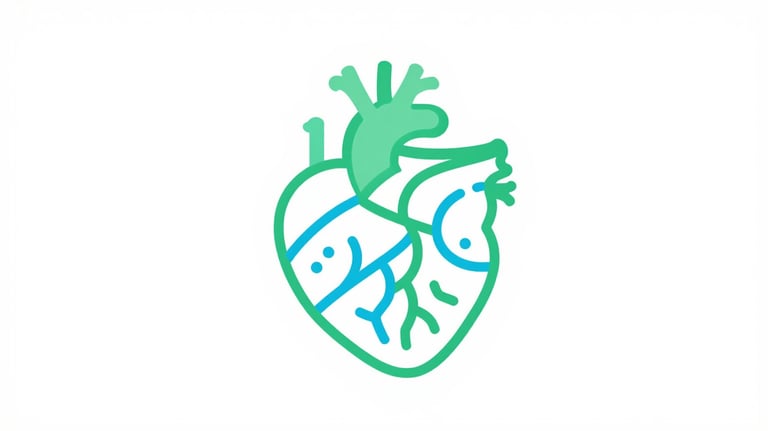 Abstract icon of a digital heart and brain connection, minimalist style using #6A9B8D green and #4A8B9C blue lines on white background.