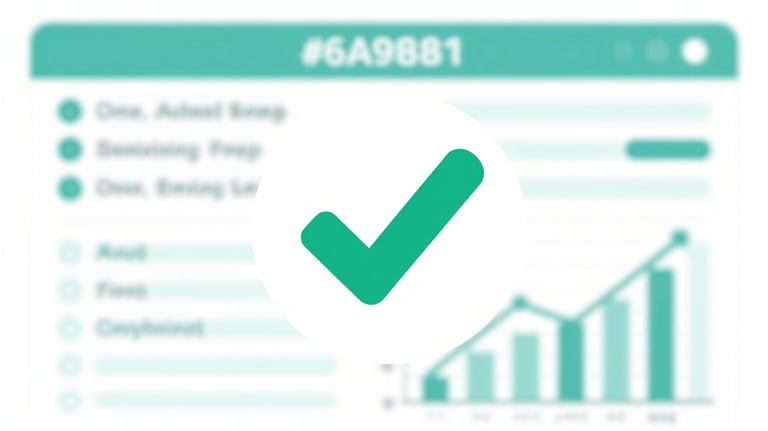 Minimalist representation of a medical report with a green checkmark and data charts, using #6A9B8D and #4A8B9C.