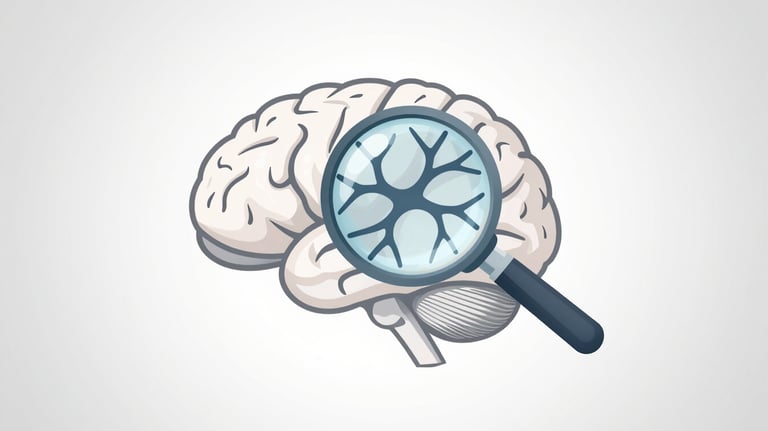 Graphic showing a brain with a magnifying glass focused on a neural path. Minimalist medical illustration in #4A8B9C.
