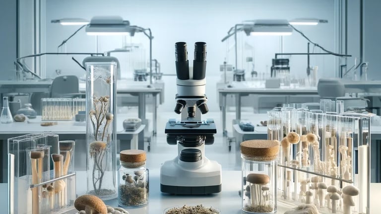 Microscope and lab equipment with jars of mushrooms in a sterile lab illustrating mushroom cultivati