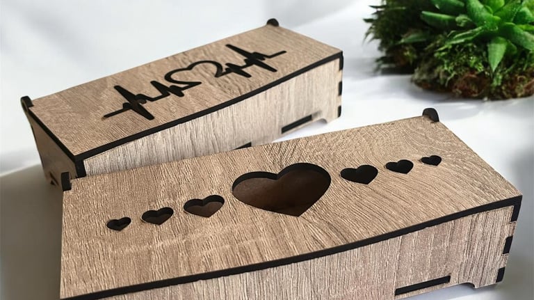 a wooden box with a heart shaped box with a heart shaped hole