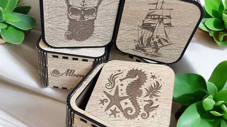 a group of four wooden boxes with a pirate ship on it