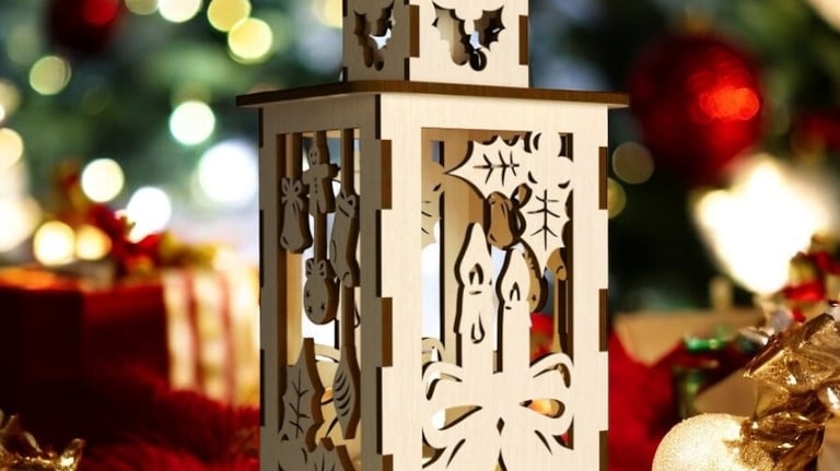 a lantern lantern with a christmas tree in the background