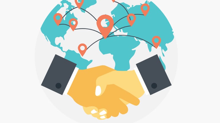 a person shaking hands with a map of the world