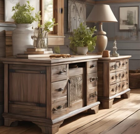 a wooden dresser with a lamp and a lamp
