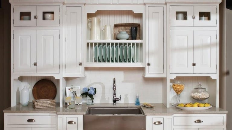 a kitchen with white cabinets and white cabinets