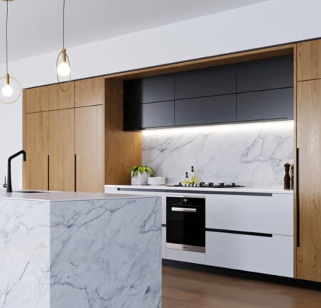 a kitchen with a marbled counter top