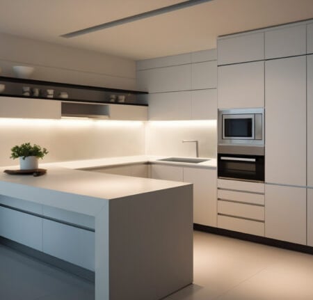 a kitchen with a white counter top and a potted plant