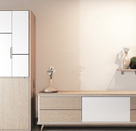 a modern style entertainment center with a white cabinet and a wooden cabinet