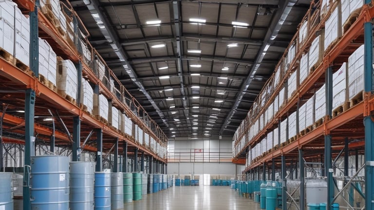 A variety of colorful pigment powders are displayed in plastic bags, stacked neatly in rows. Above them, various cans and bottles of paint, varnish, and other industrial products are organized. The setup appears to be from a market or shop selling art and construction materials.
