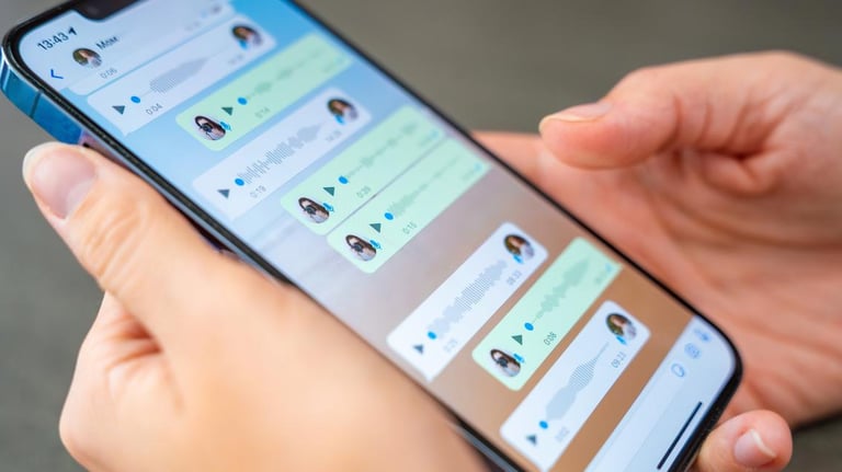 a person holding a phone, a language lesson WhatsApp Chat can be seen on the screen