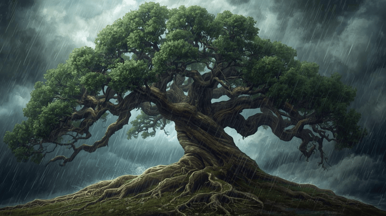 Tree standing firm in a strong storm