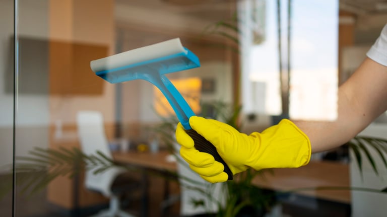 Close-up of blue-gloved hand using a squeegee for indoor window cleaning