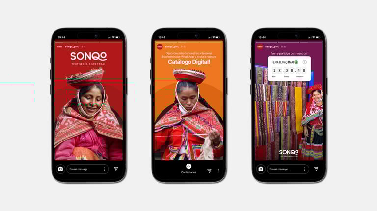 Mockup de historias de Instagram sobre información de Sonqo Textilería Ancestral