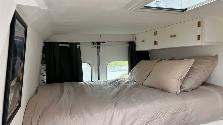 a bed and a window