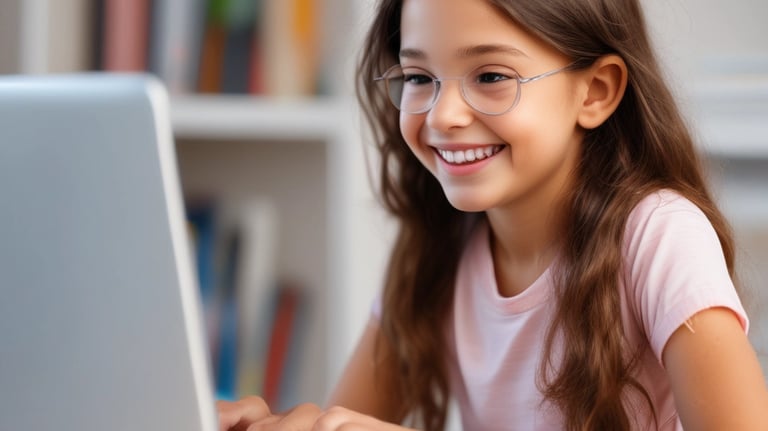 a young girl is smiling and looking at the camera