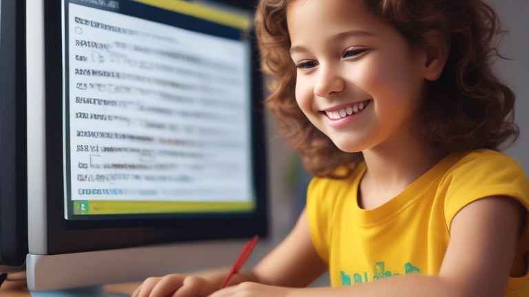 a young girl smiling and holding a pen and writing on a paper