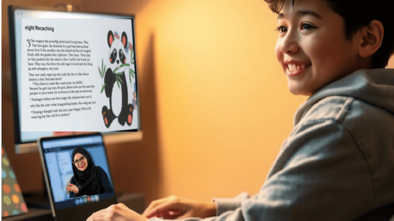 a boy sitting at a desk with a laptop and a computer