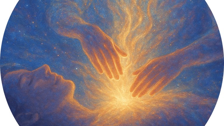 Soin énergétique par les main travaillant sur le coeur d'une personne allongée, lumière dorée