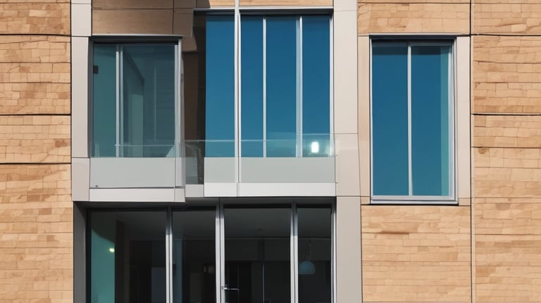 A modern architectural facade featuring a series of repeating, undulating metal panels that create a textured and dynamic surface. The surface reflects light and casts soft shadows, enhancing its three-dimensional appearance. In the background, a clear blue sky provides a stark contrast to the intricate patterns of the metal.
