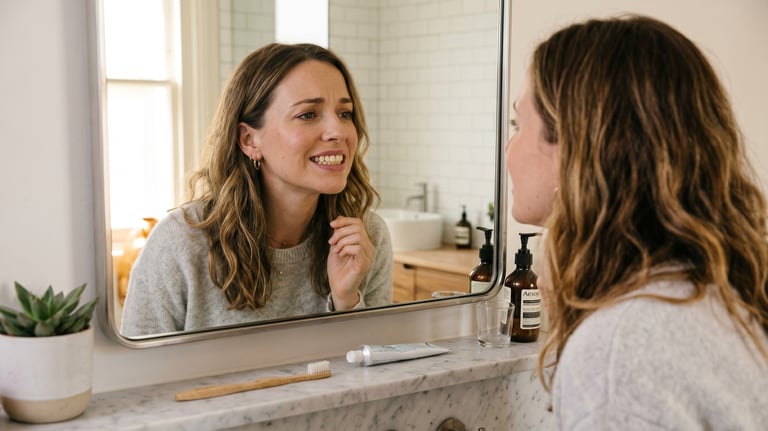A woman checking her teeth in a bathroom mirror during her morning oral care routine.