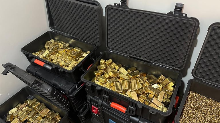 Assortment of raw gold nuggets and refined gold bars for sale