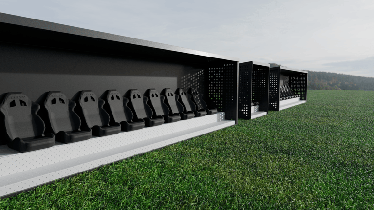 Vista lateral en perspectiva de módulo modular para eventos con graderío cubierto y escalera