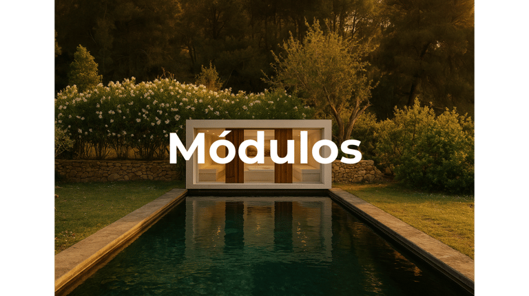 Módulo prefabricado de construcción modular junto a piscina en entorno natural