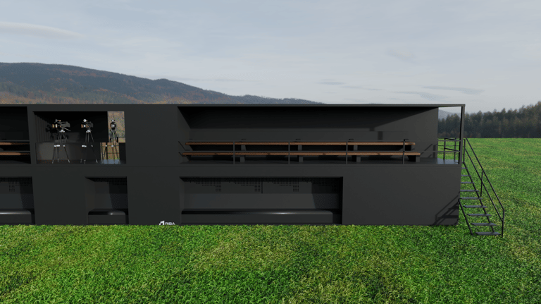 Módulo modular para eventos con graderío cubierto, cabina técnica y escalera exterior