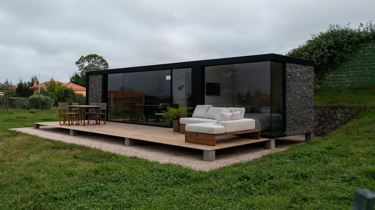 Tiny house de construcción modular con fachada acristalada y terraza de madera