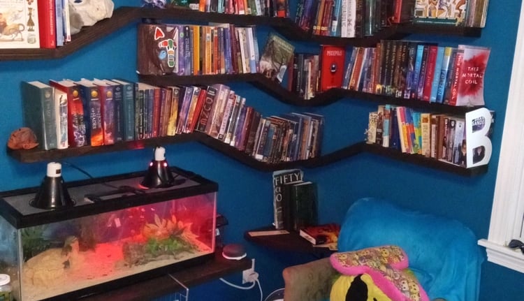 Floating shelves unit with multiple angles, filled with books