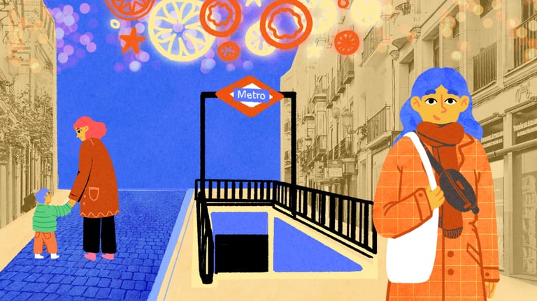 A young woman walks in a street with christmas decorations