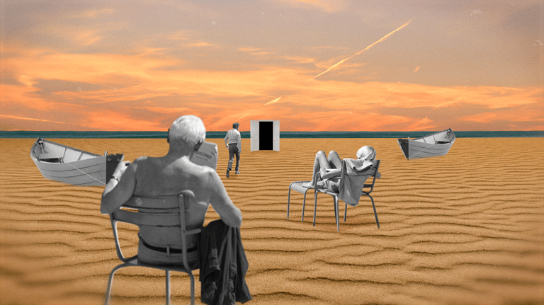 a man sitting in a chair in a desert, reading, a woman sunbathing