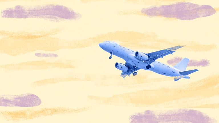 Blue commercial airplane flying through stylized pastel clouds